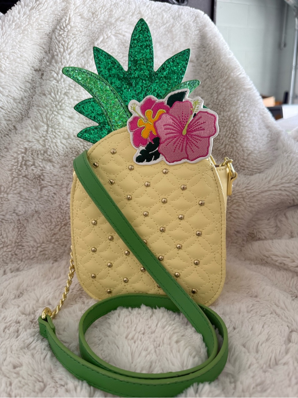 Yellow Pineapple Crossbody Bag with Green Strap